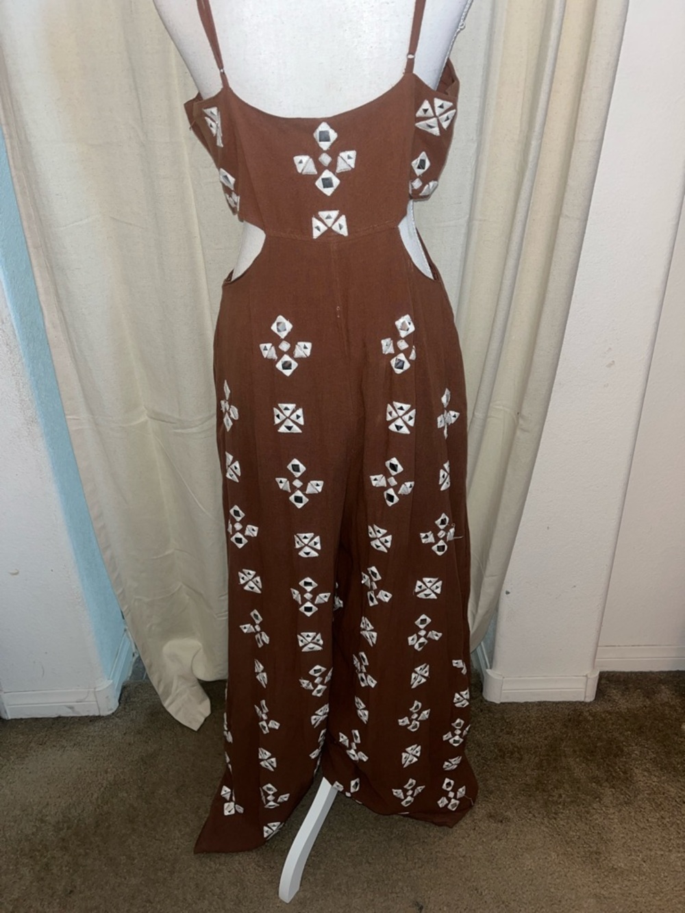 Free People Geo Daze Brown Maxi Jumpsuit with White Geometric Accents - Picture 3 of 5